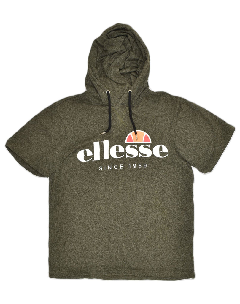 ELLESSE Mens Short Sleeve Graphic Hoodie Jumper XS Khaki Cotton | Vintage Ellesse | Thrift | Second-Hand Ellesse | Used Clothing | Messina Hembry 