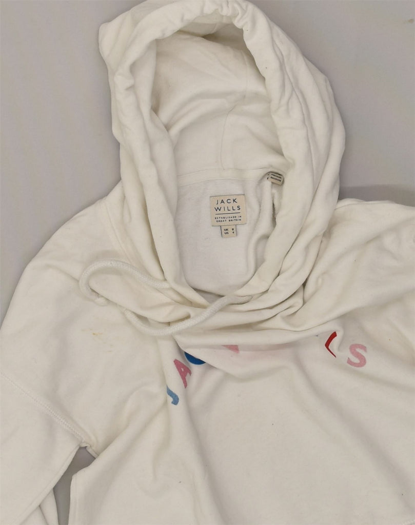 JACK WILLS Womens Graphic Crop Hoodie Jumper UK 8 Small  White Cotton | Vintage Jack Wills | Thrift | Second-Hand Jack Wills | Used Clothing | Messina Hembry 