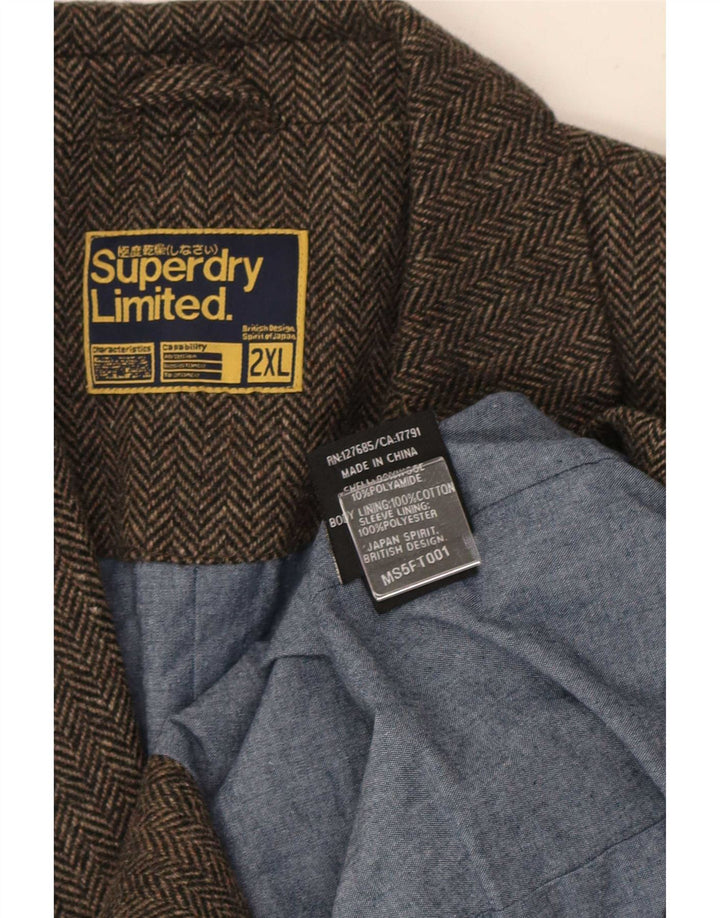 Superdry Mens 2 Button Blazer Jacket UK 44 2XL Brown Herringbone Cotton