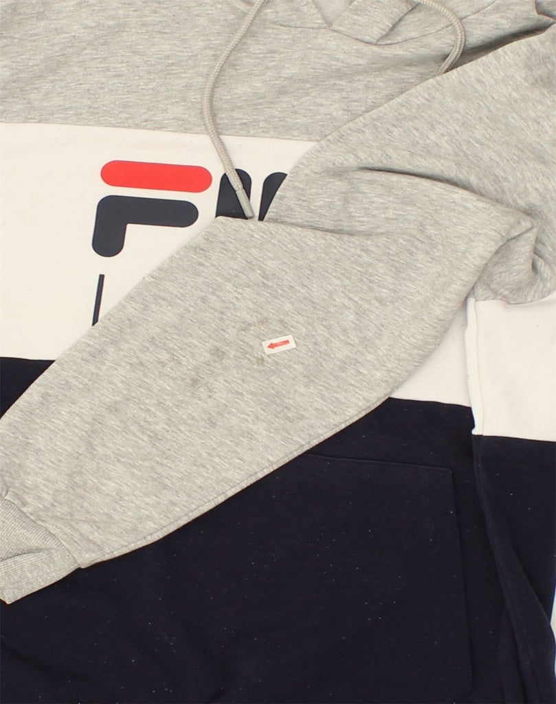 FILA Mens Graphic Hoodie Jumper Medium Navy Blue Colourblock Cotton | Vintage Fila | Thrift | Second-Hand Fila | Used Clothing | Messina Hembry 