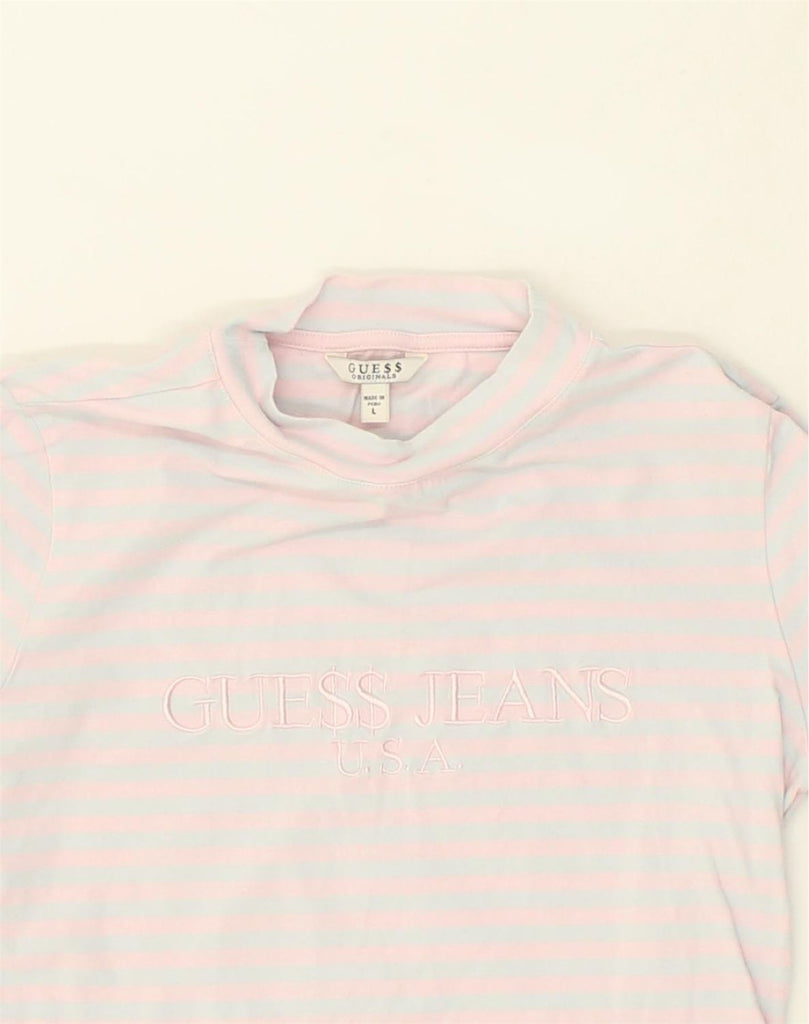 GUESS Womens Graphic Top Long Sleeve UK 14 Large Pink Striped Cotton | Vintage Guess | Thrift | Second-Hand Guess | Used Clothing | Messina Hembry 