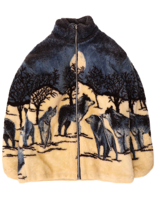 Vintage Mens Wolf Graphic Fleece Jacket UK 38 Medium Blue Animal Print