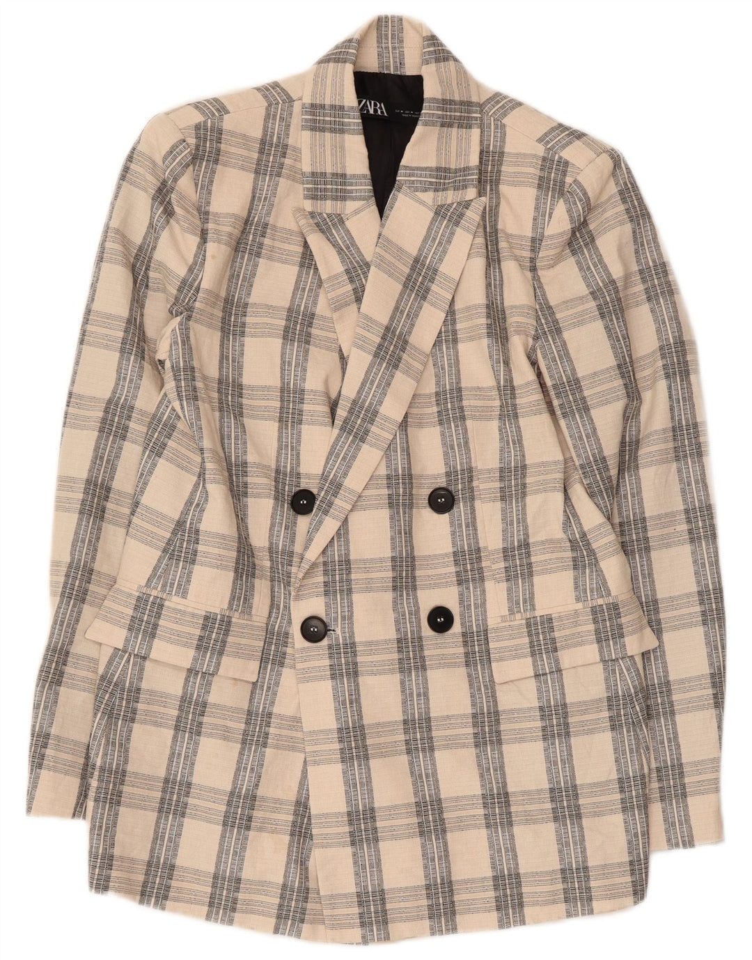 Zara Mens Double Breasted Blazer Jacket UK 38 Medium Beige Check Acetate