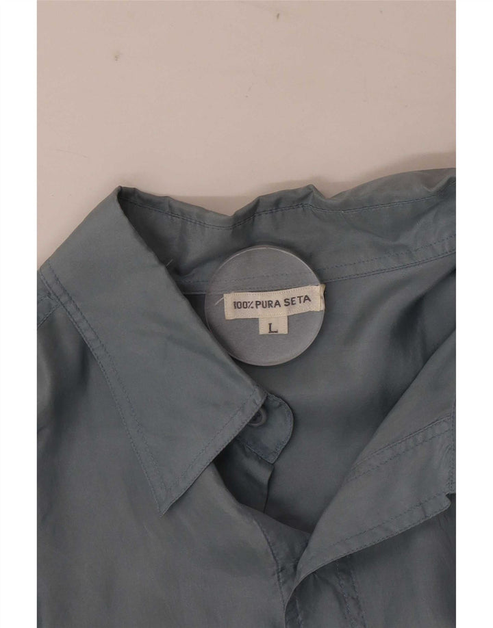 Vintage Mens Short Sleeve Shirt Large Blue Silk