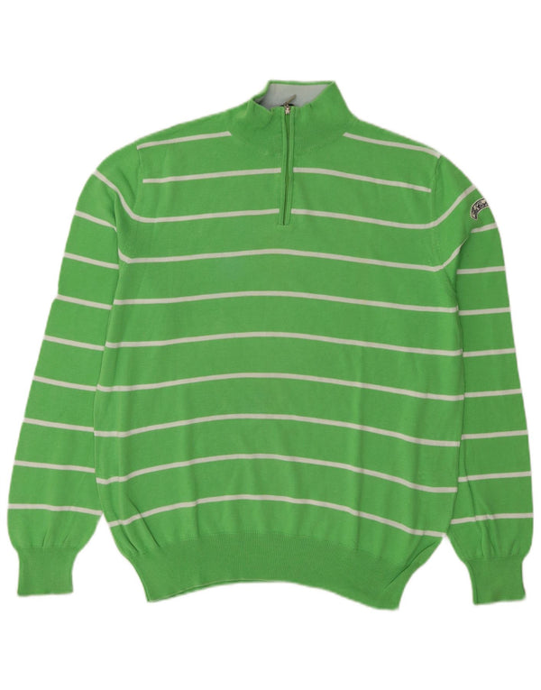 Les Copains Mens Zip Neck Jumper Sweater IT 48 Medium Green Striped Cotton