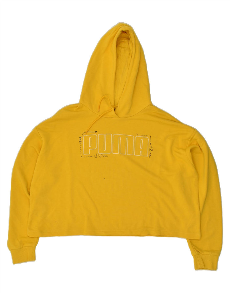 PUMA Womens Graphic Crop Hoodie Jumper UK 16 Large Yellow Cotton | Vintage Puma | Thrift | Second-Hand Puma | Used Clothing | Messina Hembry 