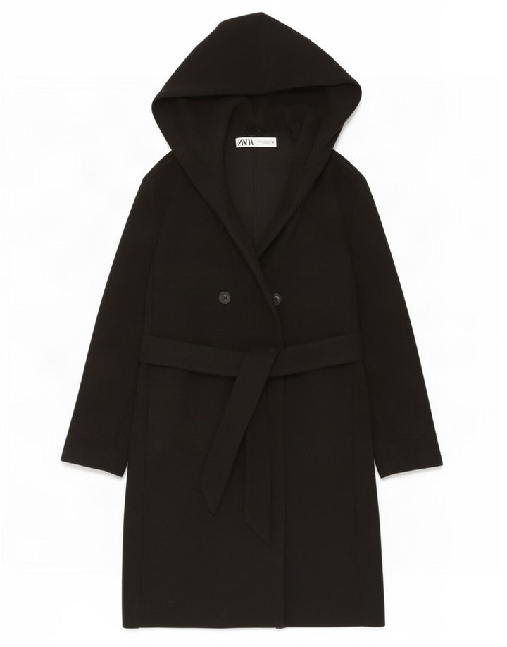 Zara Womens Hooded Oversized Double Breasted Coat UK 6 XS Black Polyester