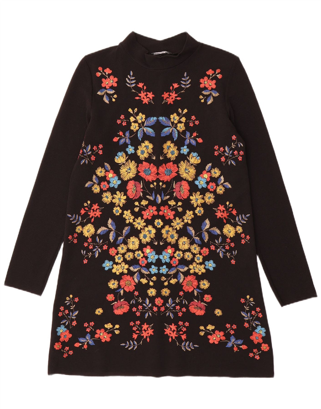Zara Womens Long Sleeve Shift Dress UK 10 Small Black Floral Polyester