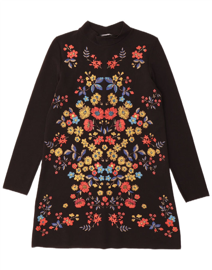 Zara Womens Long Sleeve Shift Dress UK 10 Small Black Floral Polyester