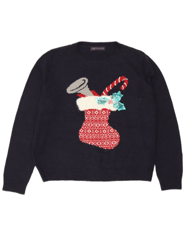 Marks & Spencer Womens Crew Neck Jumper Sweater UK 18 XL Navy Blue Christma