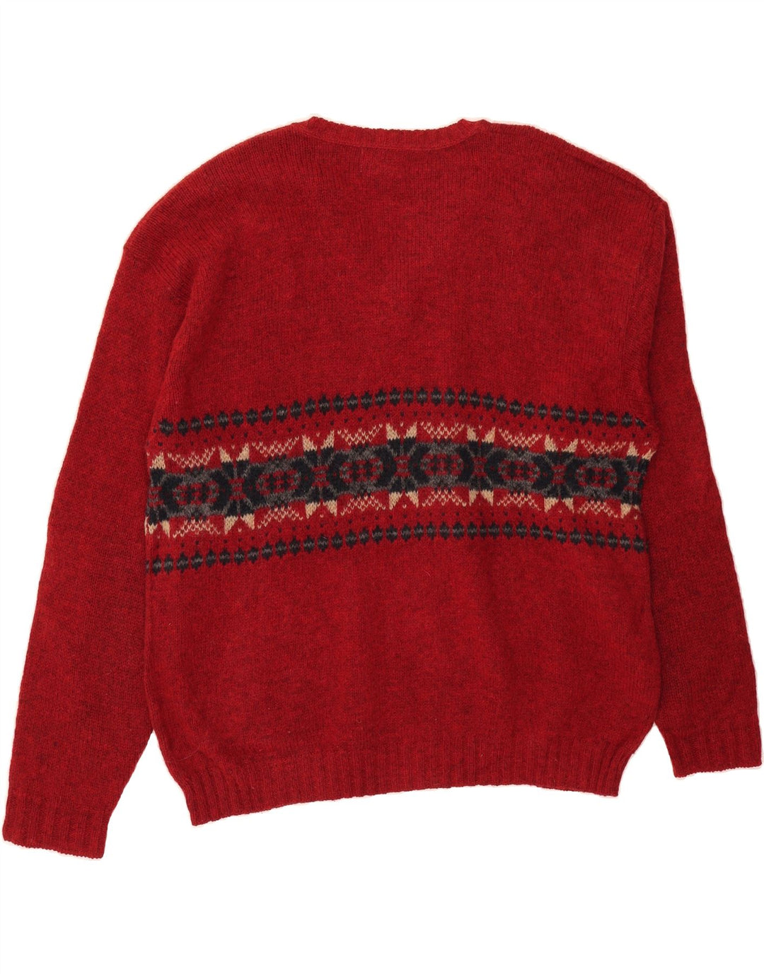 EDDIE BAUER Mens V-Neck Jumper Sweater 2XL Red Fair Isle Wool