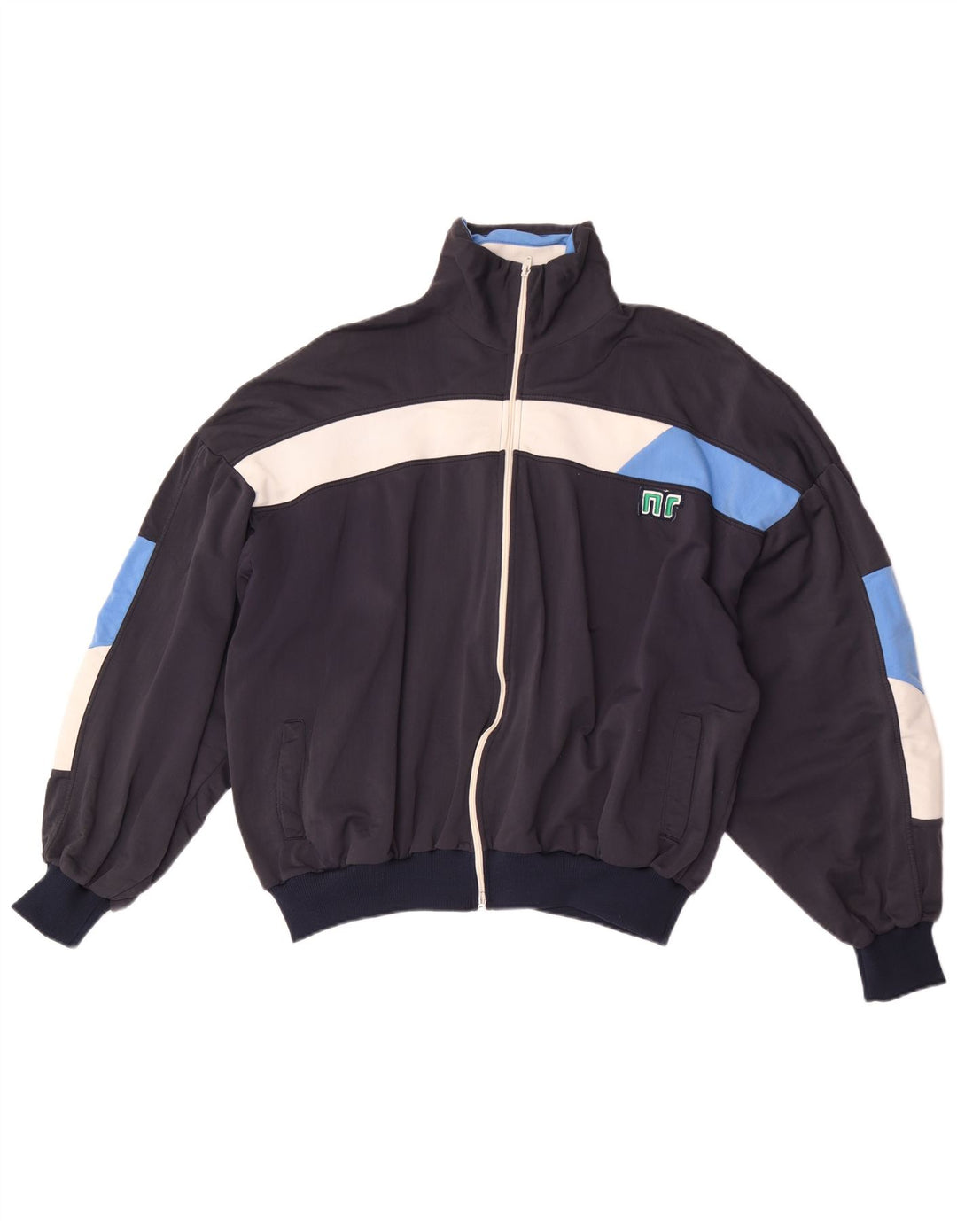 Vintage Mens Retro Tracksuit Top Jacket EU 52 Large Navy Blue Colourblock