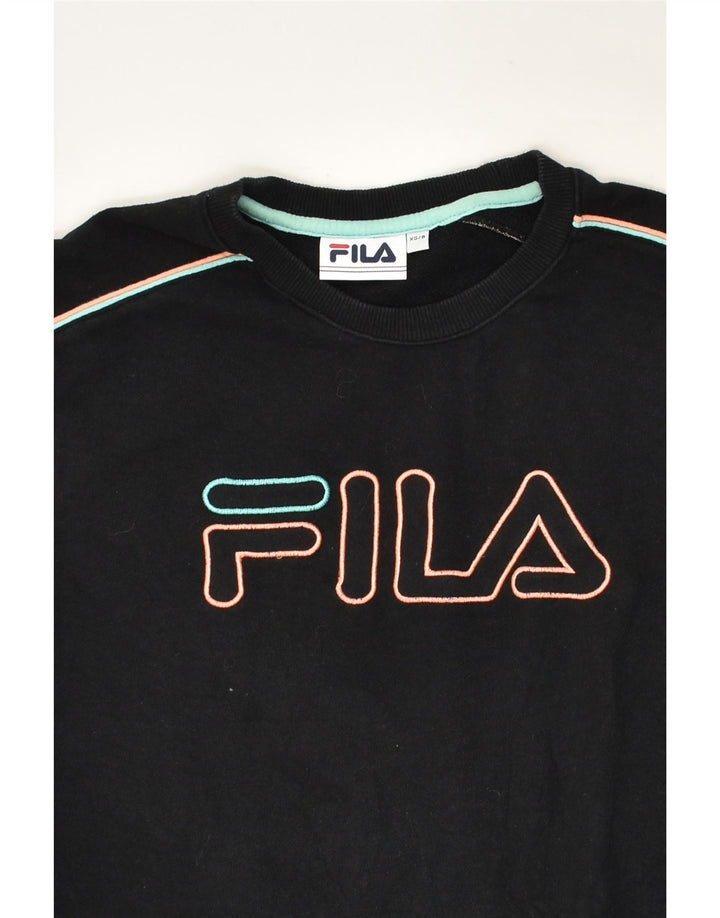 FILA Womens Graphic Sweatshirt Jumper UK 6 XS Black Cotton | Vintage Fila | Thrift | Second-Hand Fila | Used Clothing | Messina Hembry 