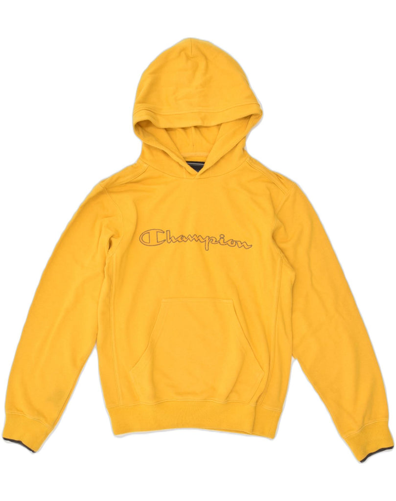 CHAMPION Mens Graphic Hoodie Jumper Small Yellow Cotton | Vintage Champion | Thrift | Second-Hand Champion | Used Clothing | Messina Hembry 