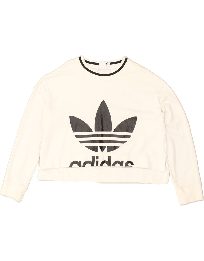 ADIDAS Womens Crop Graphic Sweatshirt Jumper UK 14 Large White Cotton | Vintage Adidas | Thrift | Second-Hand Adidas | Used Clothing | Messina Hembry 