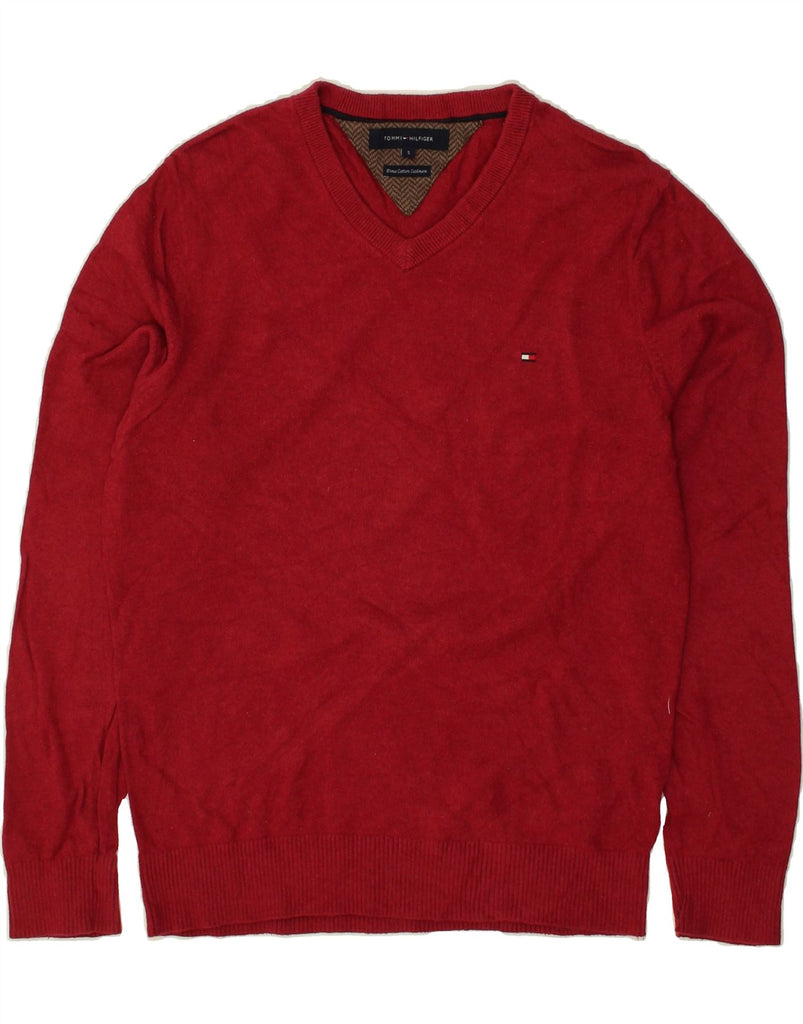 TOMMY HILFIGER Mens V-Neck Jumper Sweater Small Red Cotton | Vintage Tommy Hilfiger | Thrift | Second-Hand Tommy Hilfiger | Used Clothing | Messina Hembry 