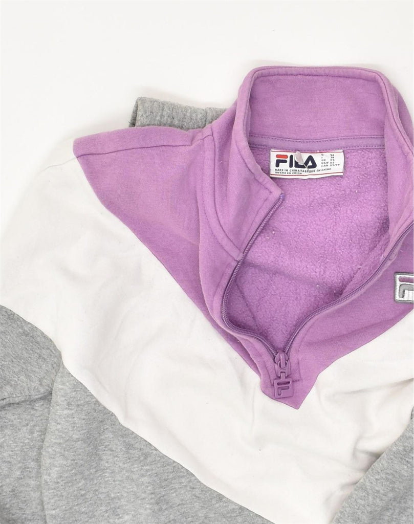 FILA Womens Zip Neck Sweatshirt Jumper UK 6 XS Grey Colourblock Cotton | Vintage Fila | Thrift | Second-Hand Fila | Used Clothing | Messina Hembry 