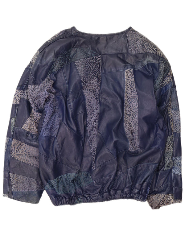 Vintage Womens Pullover Leather Jacket UK 16 Large Navy Blue Patchwork