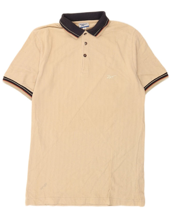 Reebok Mens Rugby Polo Shirt Small Beige Striped Cotton