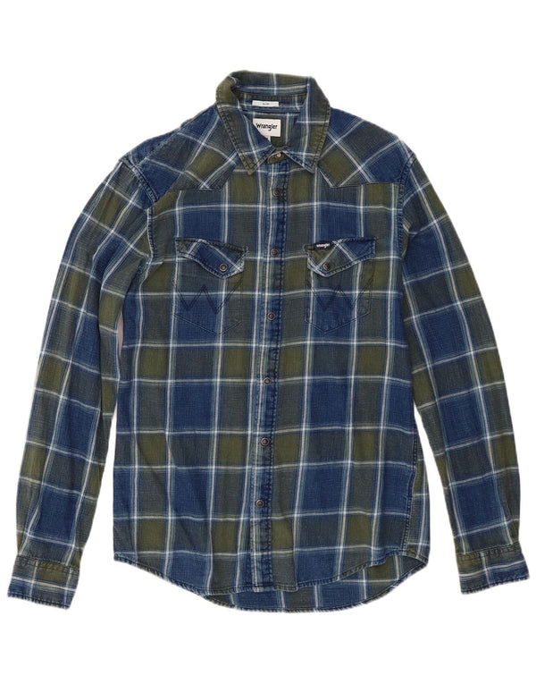 Wrangler Mens Western Slim Fit Flannel Shirt Medium Blue Check Cotton