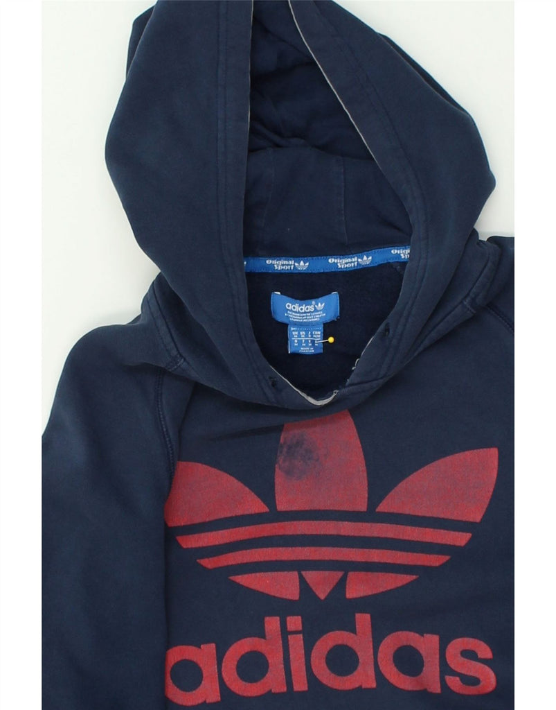 ADIDAS Womens Graphic Hoodie Jumper UK 14 Medium Navy Blue Cotton | Vintage Adidas | Thrift | Second-Hand Adidas | Used Clothing | Messina Hembry 