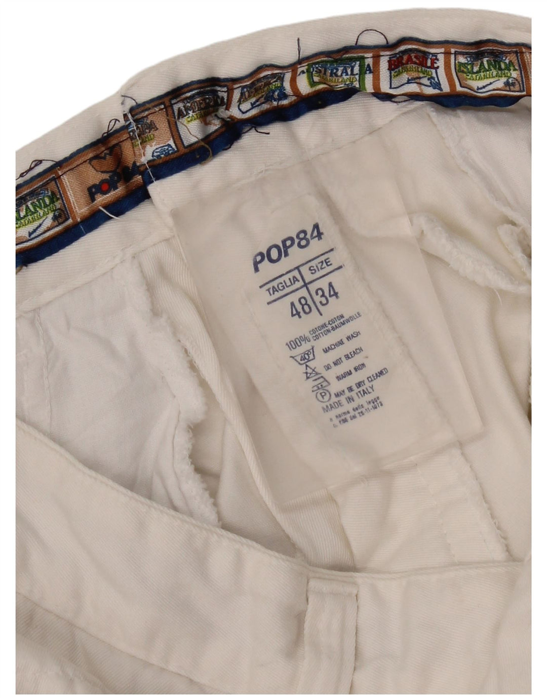 POP 84 Mens Straight Chino Trousers IT 48 Medium W34 L34 White Cotton