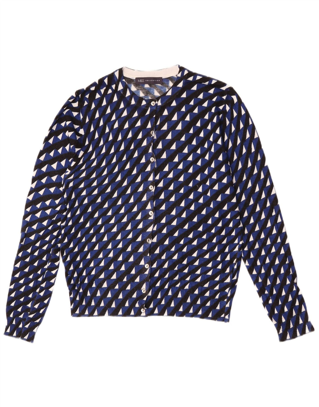 Marks & Spencer Womens Crop Cardigan Sweater UK 14 Medium Blue Geometric