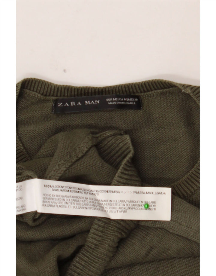 ZARA Mens Graphic Crew Neck Jumper Sweater Medium Khaki Cotton