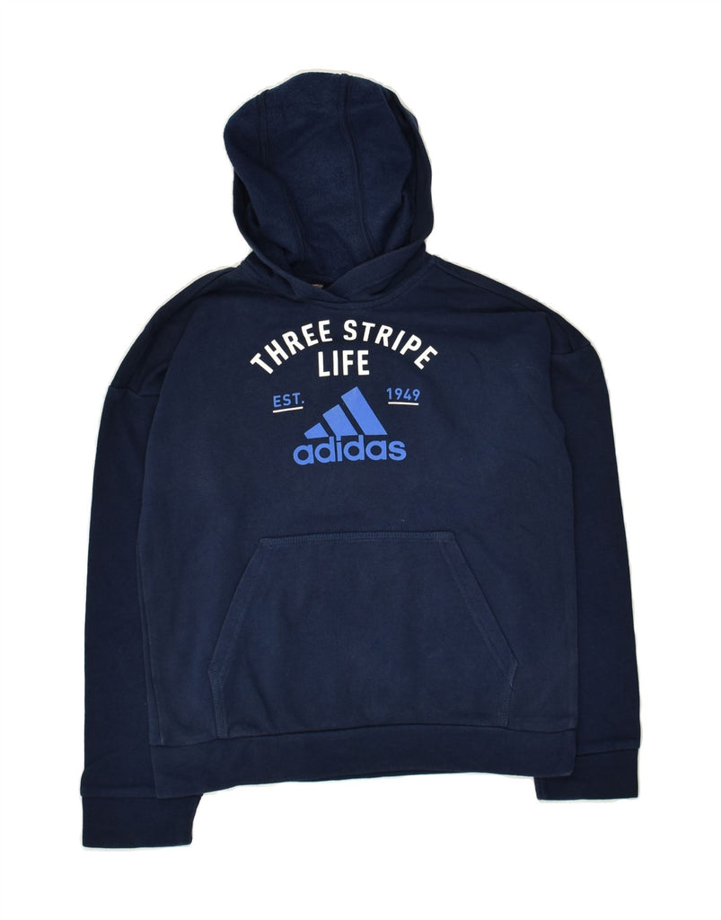 ADIDAS Boys Graphic Hoodie Jumper 9-10 Years Navy Blue Cotton | Vintage Adidas | Thrift | Second-Hand Adidas | Used Clothing | Messina Hembry 