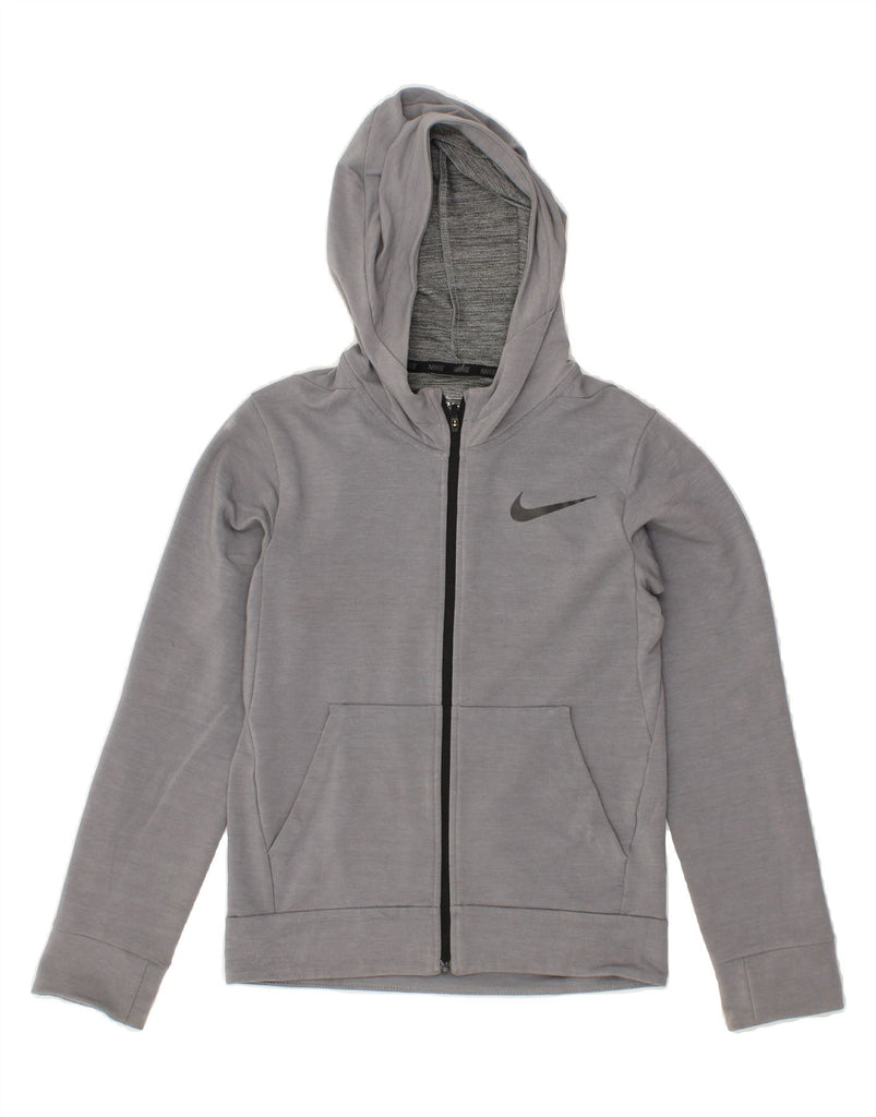 NIKE Boys Graphic Zip Hoodie Sweater 10-11 Years Medium Grey Viscose | Vintage Nike | Thrift | Second-Hand Nike | Used Clothing | Messina Hembry 