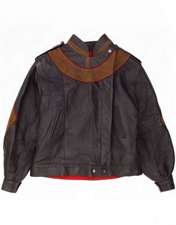 Vintage Womens Military Leather Jacket UK 12 Medium Black Colourblock