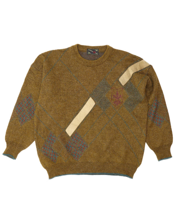 Vintage Mens Crew Neck Jumper Sweater Large Khaki Geometric Mohair