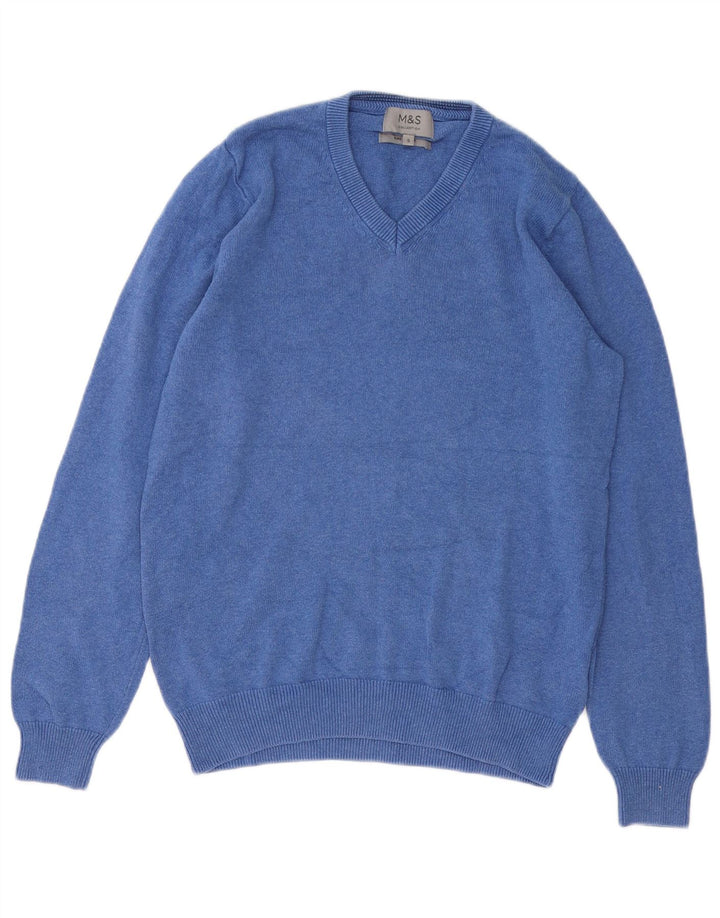Marks & Spencer Mens V-Neck Jumper Sweater Small Blue Cotton
