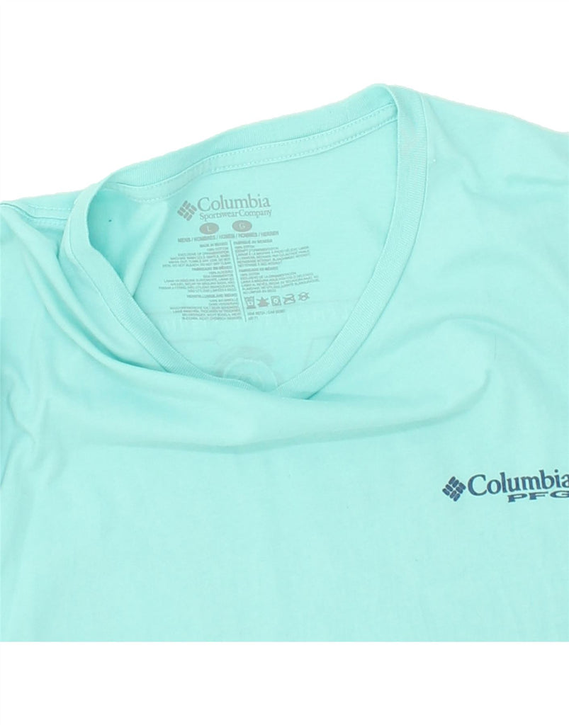 COLUMBIA Mens Graphic T-Shirt Top Large Turquoise Cotton Vintage Columbia and Second-Hand Columbia from Messina Hembry 