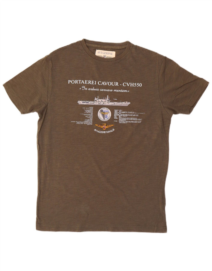 AVIAZIONE NAVALE Mens Graphic T-Shirt Top Medium Khaki Cotton