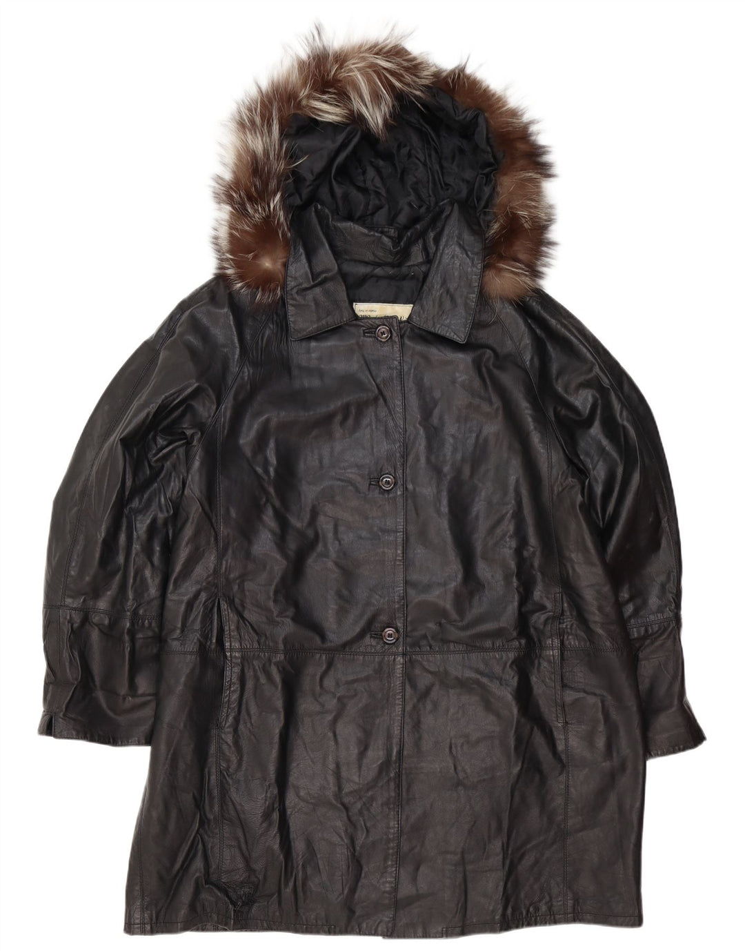 Vintage Womens Hooded Oversized Leather Coat IT 48 XL Black Leather