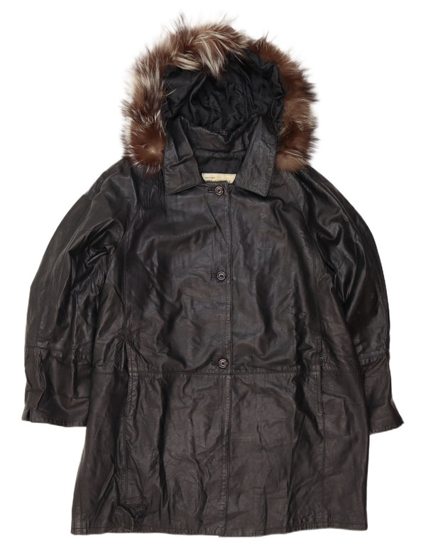 Vintage Womens Hooded Oversized Leather Coat IT 48 XL Black Leather