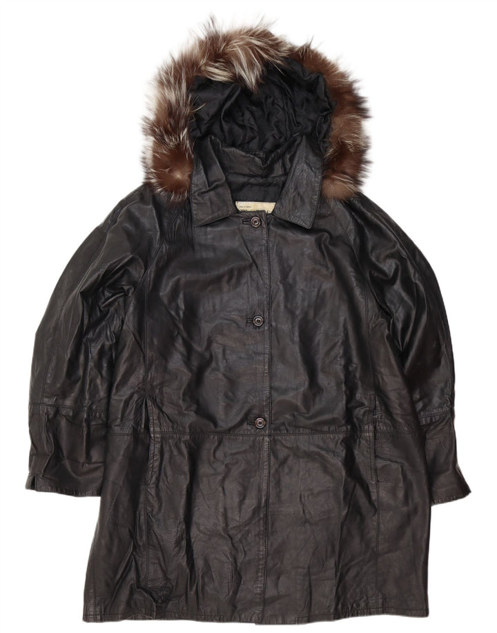 Vintage Womens Hooded Oversized Leather Coat IT 48 XL Black Leather