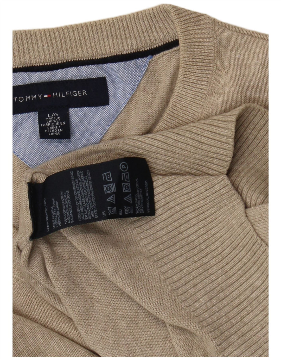 TOMMY HILFIGER Mens V-Neck Jumper Sweater Large Beige Cotton
