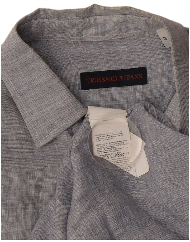 Trussardi Mens Shirt Size 39 Medium Blue Flecked Linen