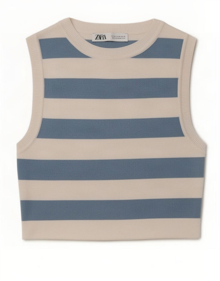 Zara Womens Crop Vest Top UK 12 Medium Blue Striped