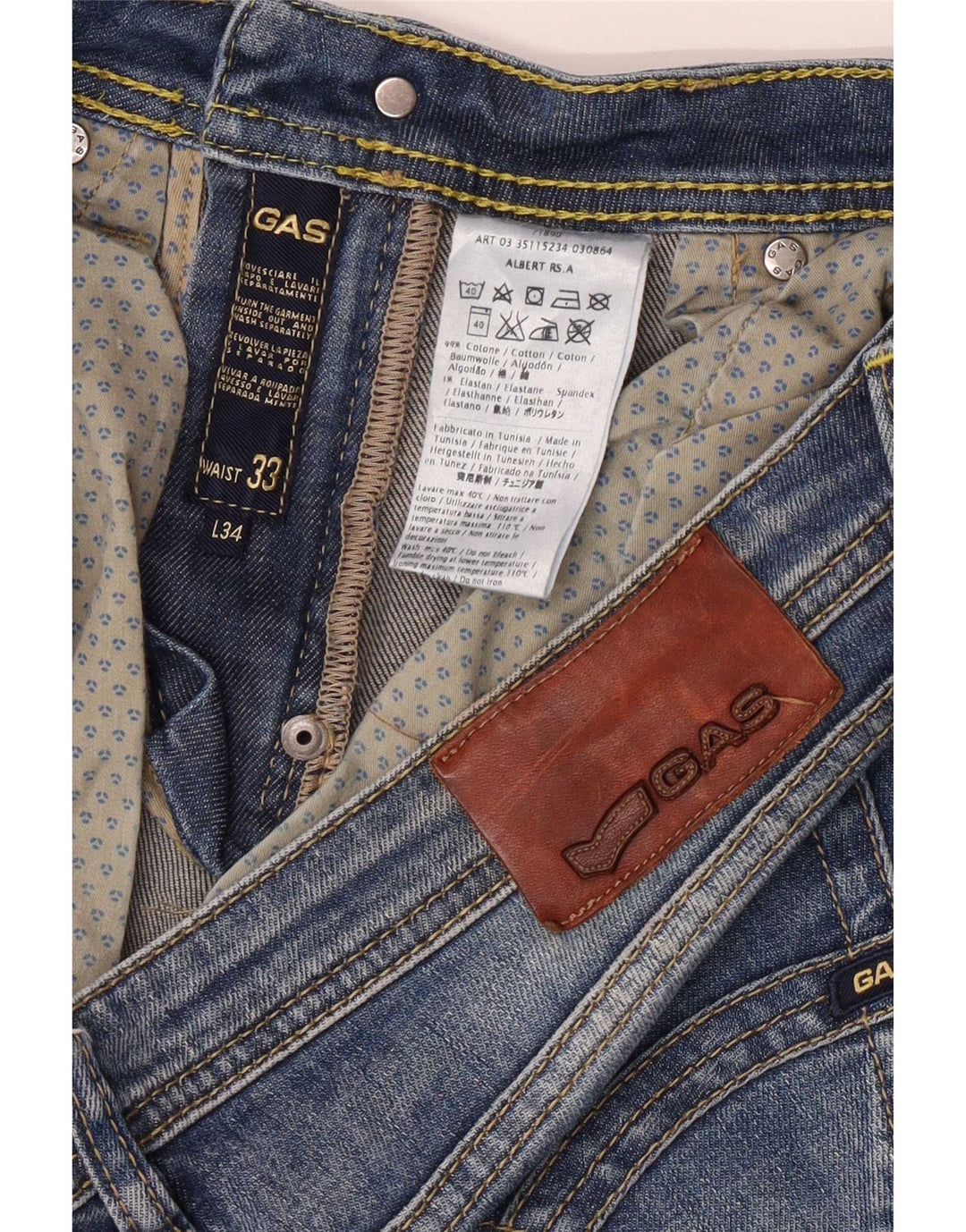 Gas Mens Slim Jeans W33 L34 Blue Cotton