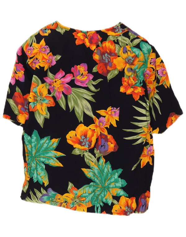 Vintage Womens Short Sleeve Shirt Blouse UK 12 Medium Black Floral