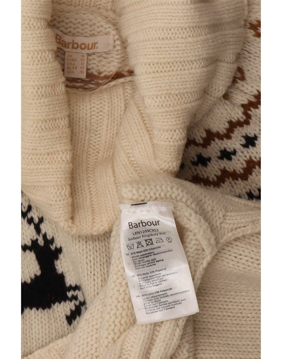 Barbour Womens Roll Neck Jumper Sweater UK 16 Large White Fair Isle Wool