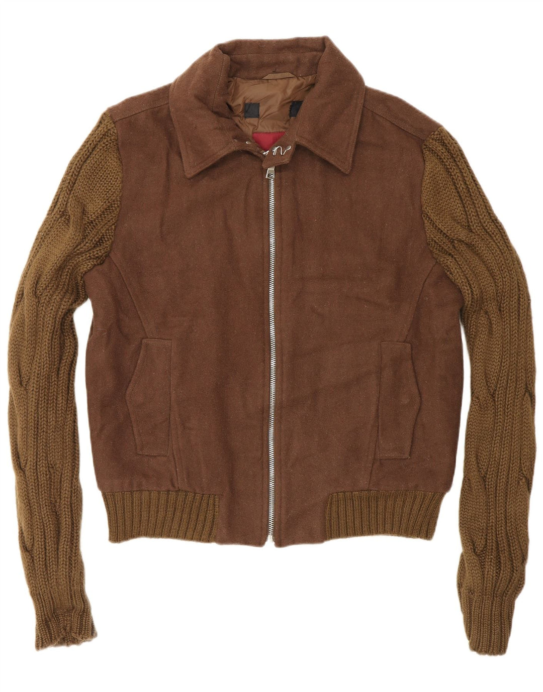 Zara Mens Knit Bomber Jacket UK 40 Large Brown Colourblock Wool