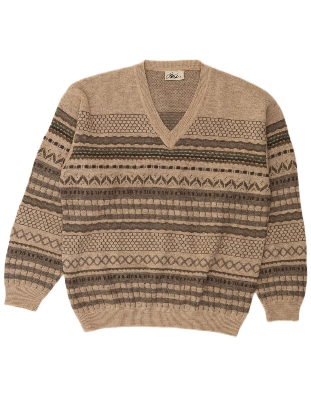 Rodes Mens V-Neck Jumper Sweater Medium Beige Striped Wool