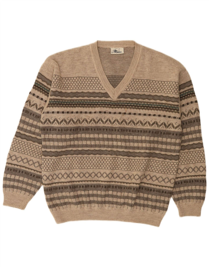 Rodes Mens V-Neck Jumper Sweater Medium Beige Striped Wool