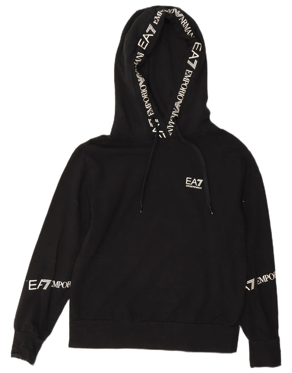 Emporio Armani Womens Graphic Oversized Hoodie Jumper UK 6 XS Black Cotton