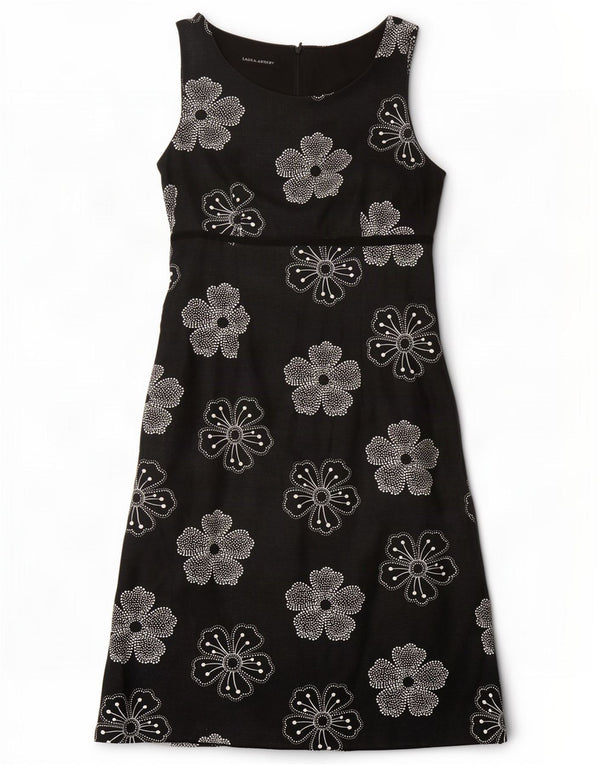 Laura Ashley Womens Sleeveless A-Line Dress UK 8 Small Black Floral Linen