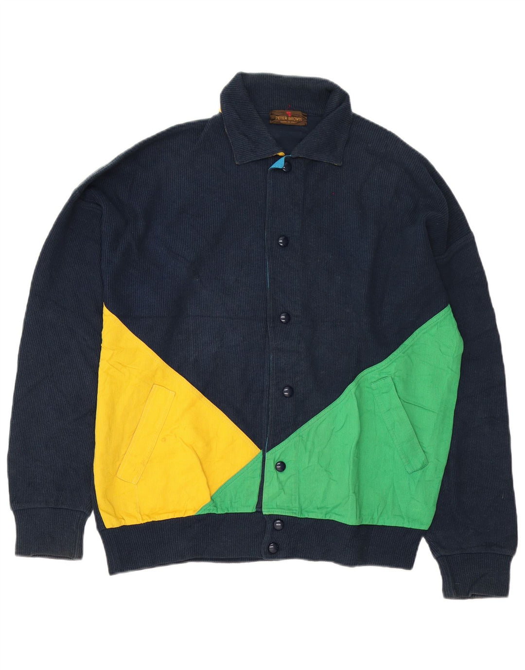 Peter Brown Mens Cardigan Sweater IT 48 Medium Navy Blue Colourblock Cotton